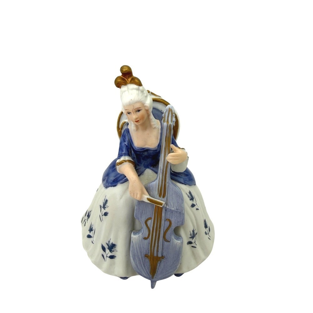 Vintage WorldGift Korea Porcelain Figurine Lady Playing Cello Blue White Gold
